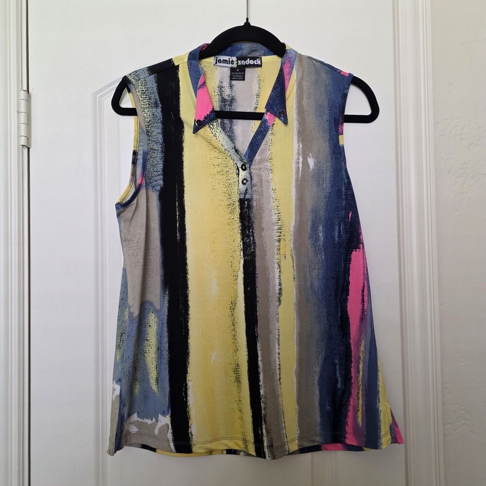 Jamie Sadock Golf Top Women M Sleeveless Polo Yellow Pink Blue Stretch...